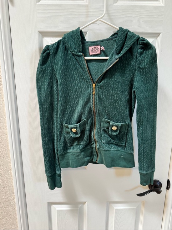 Juicy Couture Sweaters - VTG Juicy Couture Forest Green velvet Hooded Zip Jacket with Pink Label Y2K